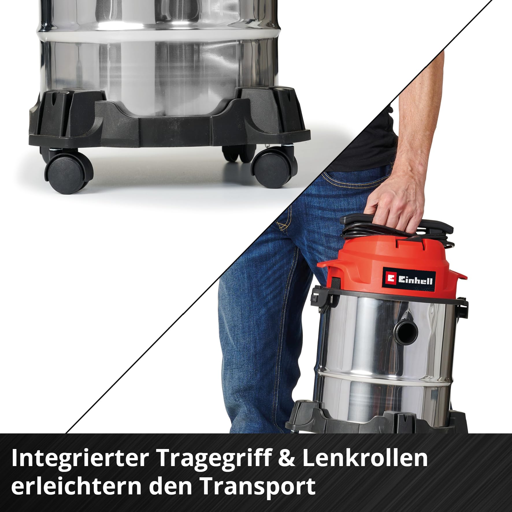Einhell Nass-Trockensauger TC-VC 1812/1 S (1250 W, 180 mbar, 4 Lenkrollen, 12 L Behälter, inkl. Fugen- & Kombidüse, Schaumstofffilter, Schmutzfangsack & Filterbeutel)