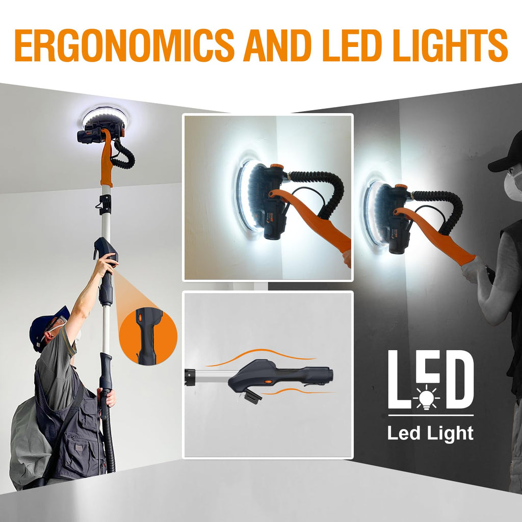 MAXXT 820W Trockenbauschleifer mit Ring-LED-Beleuchtung | Klappgriff + Verlängerungsrohr(bis 165cm) | 215mm Schleifplatte & 225mm Schleifpapier | 600-1900 U/min | six dust bag