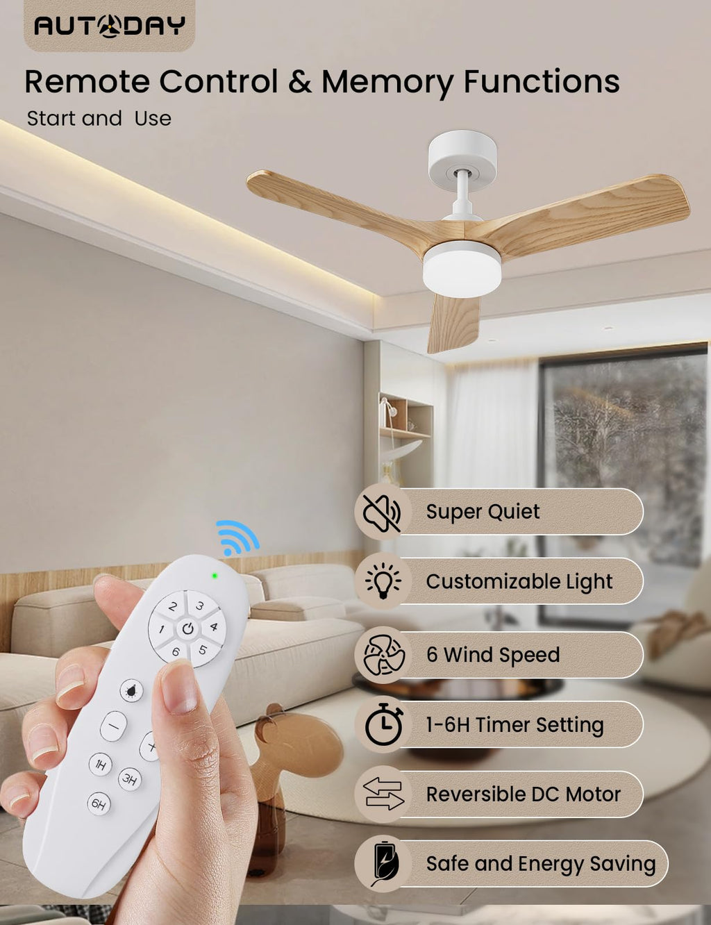 AUTODAY Holz Deckenventilator mit Beleuchtung,leiser Gleichstrommotor,90 cm deckenventilator outdoor,3 hölzern Flügel,dimmbarem LED 24W,Fernbedienung mit Memory-Funktion,6 Geschwindigkeiten,Timer