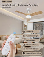 AUTODAY Holz Deckenventilator mit Beleuchtung,leiser Gleichstrommotor,90 cm deckenventilator outdoor,3 hölzern Flügel,dimmbarem LED 24W,Fernbedienung mit Memory-Funktion,6 Geschwindigkeiten,Timer