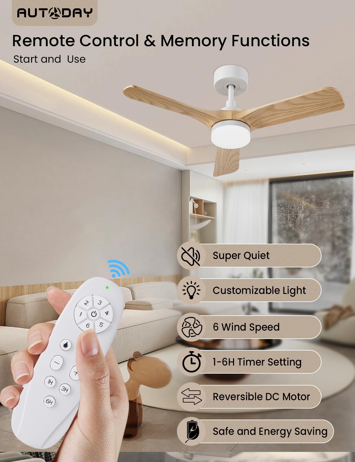 AUTODAY Holz Deckenventilator mit Beleuchtung,leiser Gleichstrommotor,90 cm deckenventilator outdoor,3 hölzern Flügel,dimmbarem LED 24W,Fernbedienung mit Memory-Funktion,6 Geschwindigkeiten,Timer