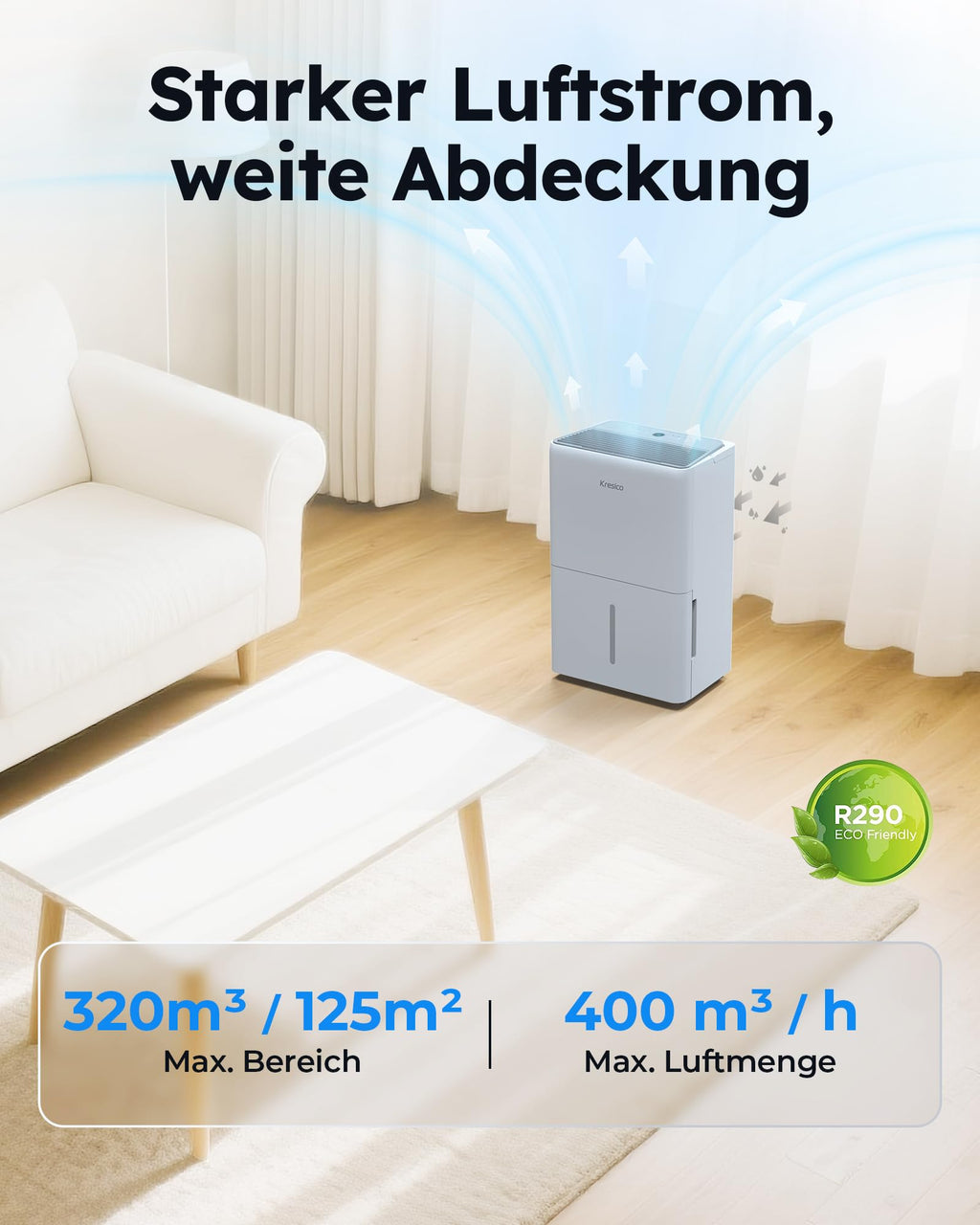 Kresico Luftentfeuchter elektrisch 50L, Entfeuchter elektrisch, Luftentfeuchter Keller für Räume bis zu 320m³/125m², Raumentfeuchter elektrisch mit Ablaufschlauch, Filter, Timer, 10 J. Gar.
