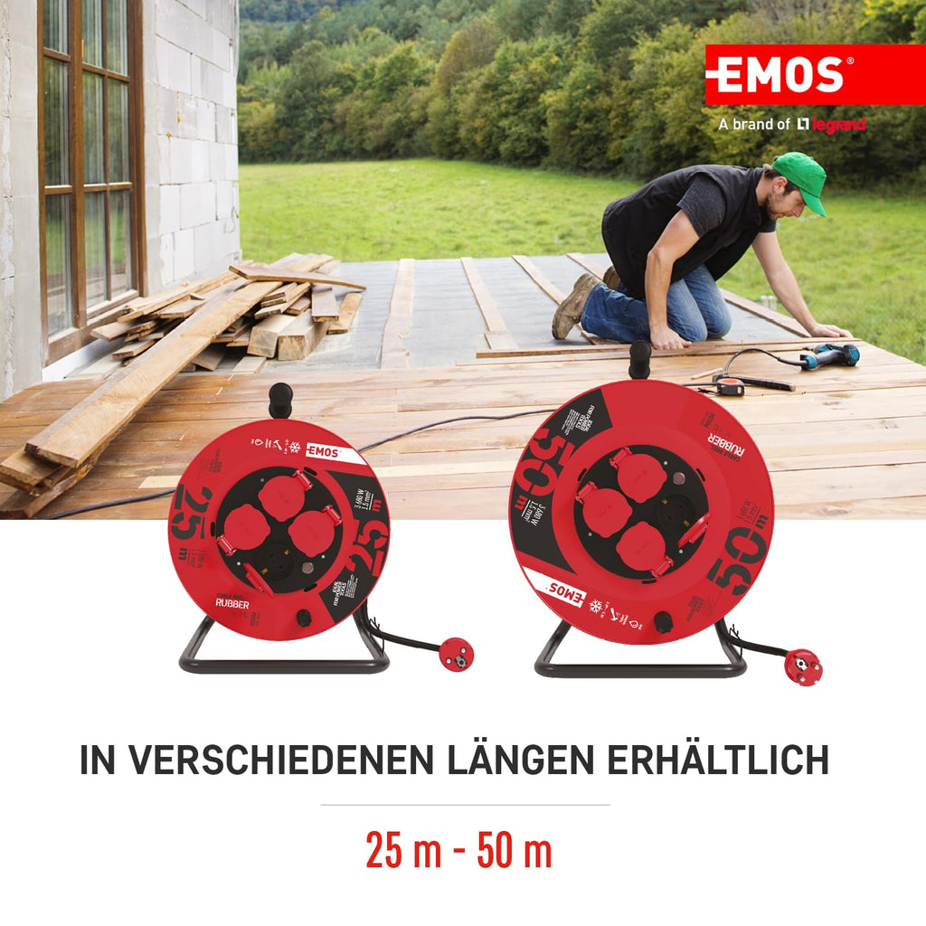 EMOS - Kabeltrommel 25m - 4 Schuko-Steckdosen - wasserdicht, schlagfest, hitze- & kältebeständig - 230V, 16A, 3680W - Gummi-Isolierung - H05RR-F3G 1,5 mm2 - IP44 für Außenbereich