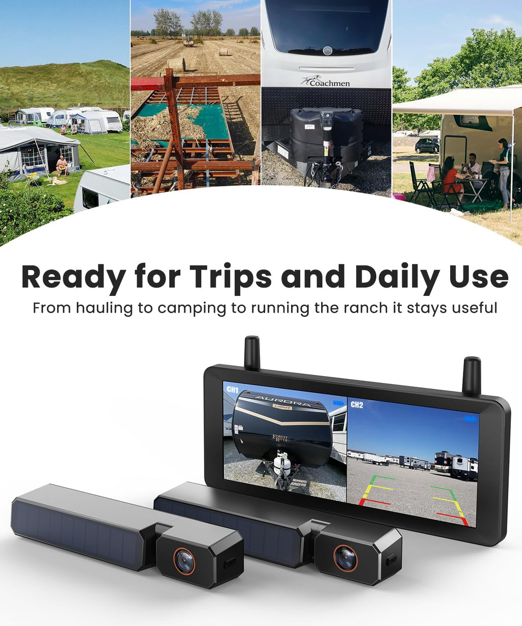 Solar Rückfahrkamera Kabellose 2-Kamera System: 2-Min Installation, 7,2“ 1080P HD Split-Screen Monitor mit Dual-Antennen, Stabile Signal, IP69K wasserdichte Rückfahrkameras für LKW, Wohnmobil, Camper