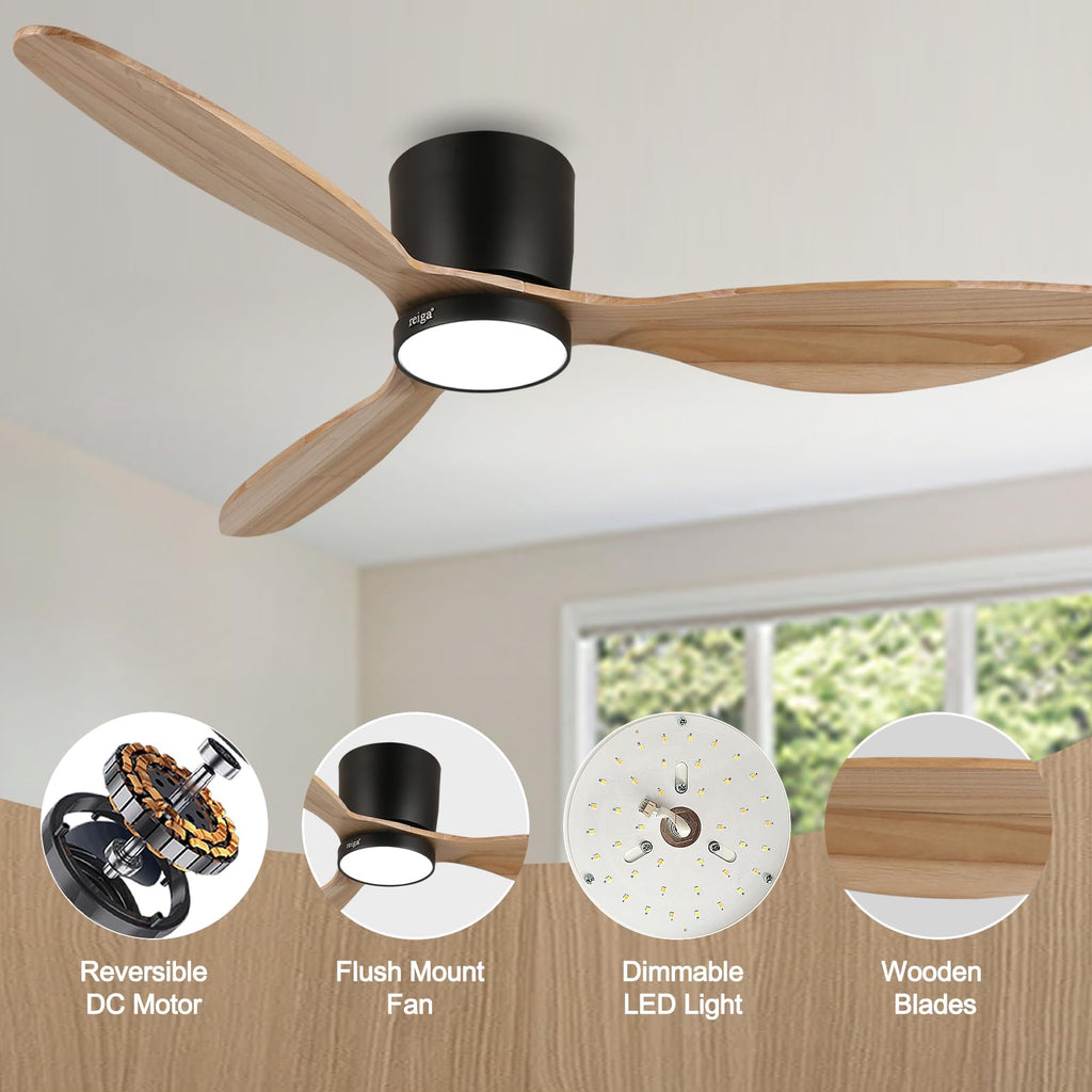 reiga Deckenventilator mit Fernbedienung, 132cm Leiser Deckenventilator mit Lampe, 6 Windgeschwindigkeiten, Smart Alexa Ventilator - Natürliche Holzfarbe der Blätter