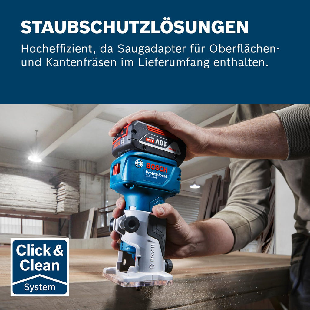 Bosch Professional 18V System Akku-Kantenfräse GLF 18V-8 (Parallelanschl., Saugadapter Oberflächenfr. & Kantenfr., Rollenführung bündiges Schneiden, 8mm-Spannz., Spannschl., L-BOXX, o. Akku/Ladeger.)
