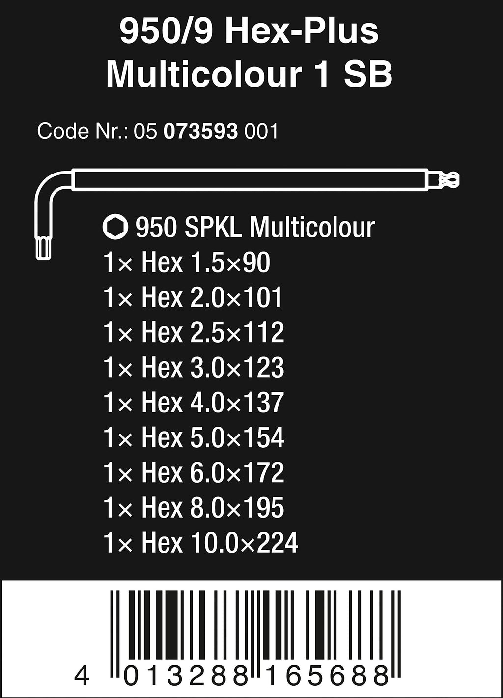 Wera 05073593001 950/9 Hex-Plus 1 SB Winkelschlüsselsatz, Mehrfarbig, metrisch, BlackLaser, 9-teilig, Mehrfarbig