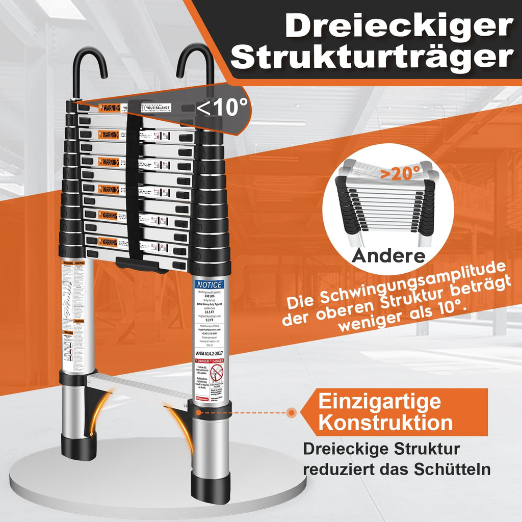 HBTower 3,8m Teleskopleiter Aluminium mit Haken, Leichte Ausziehleiter, Leiter Ausziehbar, klappbare Leiter für Dachböden, Caravans, 150kg Tragfähigkeit, Silber
