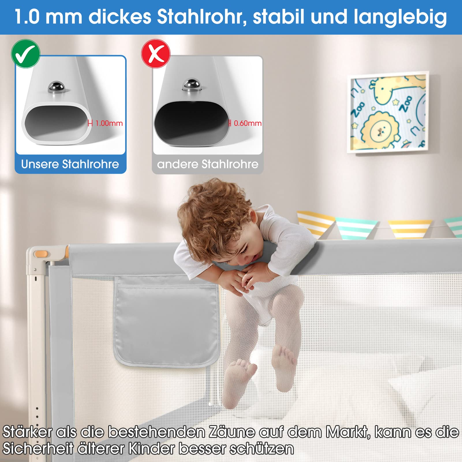 YIKANWEN Bettgitter, 200cm Bettschutzgitter für Kinder ab 0-10 Jahren, einziehbare Kinderbettgitter Babybettgitter,passend für Kinderbetten, Elternbetten und Alle Massivholzbetten（Nur 1 Stück）
