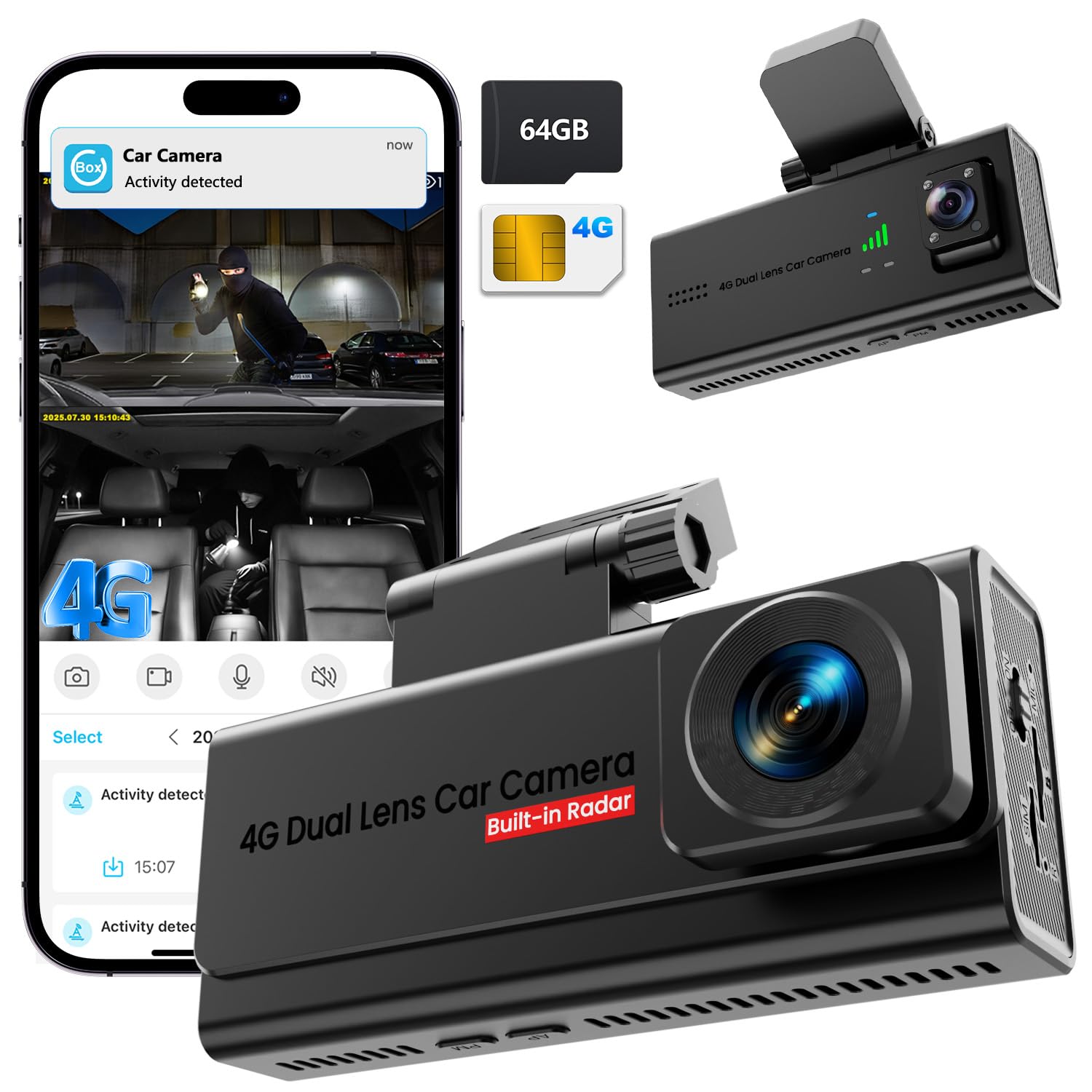 Dashcam Auto, UCOCARE 4G LTE Dash Camera Auto mit SIM Karte, 64GB-Karte, Dashcam mit Parküberwachung ohne WLAN, App-Zugriff, 2-Wege Talk, Bewegungserkennung-Alarm, Nachtsicht, GPS, 170° Weitwinkel