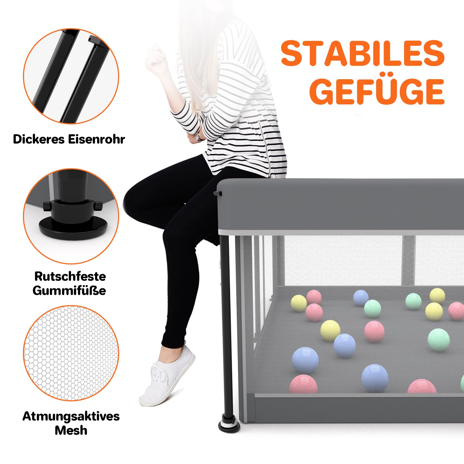 Laufstall Baby Faltbar Playpen with Mat - 127x127CM-Laufgitter, Schneller Aufbau, Sicher & Tragbar für drinnen & draußen (Grau)