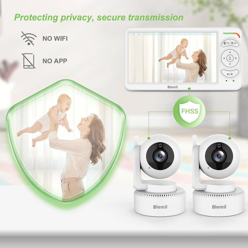Blemil Babyphone, Video Babyphone mit 2-Kameras und Audio, 6 IPS große Split Screen Fernbedienung Schwenk/Neige/Zoom, Videomonitorkameras mit klarer Nachtsicht und 30hours Batterielaufzeit