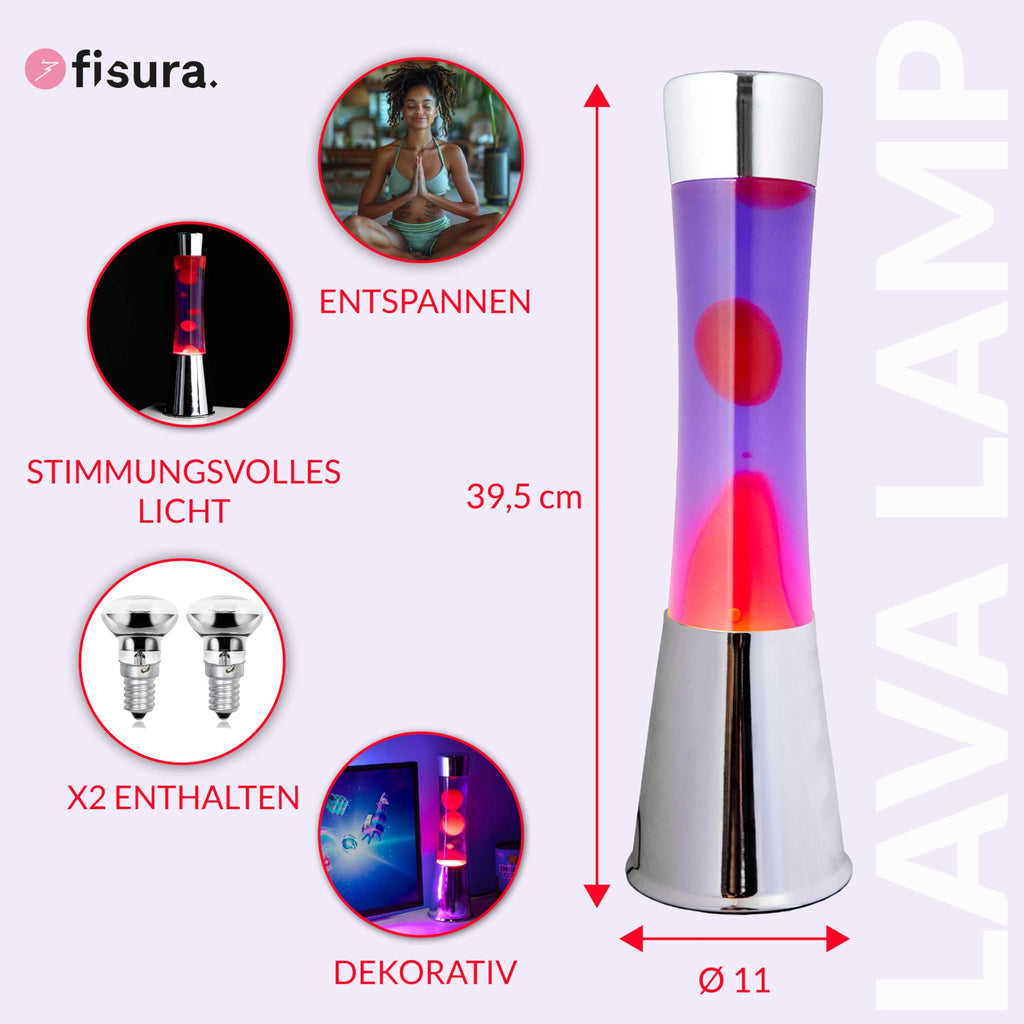 FISURA - Lavalampe rot und lila. Verchromter Silbersockel, lila Flüssigkeit und rote Lava. Lavalampe mit Ersatzbirne. Maße: 11 x 11 x 39,5 Zentimeter.