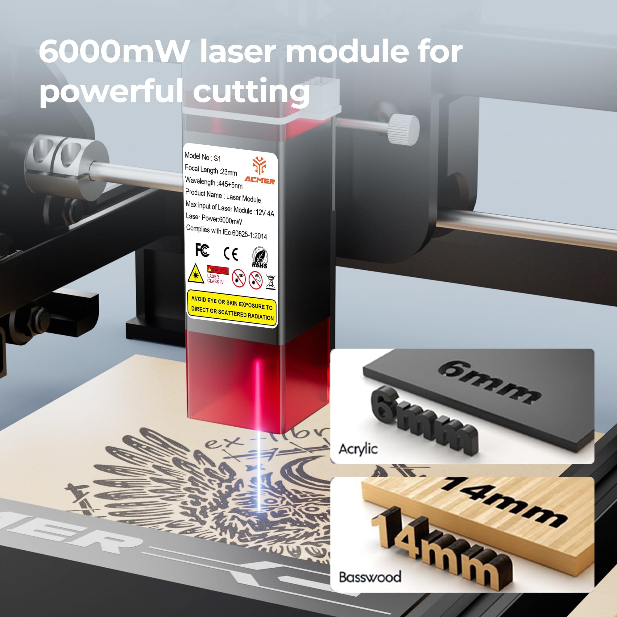 ACMER S1 6W Laser graviermaschine Anfänger, Tragbarer Laserschneider & Gravurgerät für DIY Holz, Metall, Acryl, Leder,130x130mm Gravurbereich, Laserklasse 4,Ideal für Kleinunternehmen