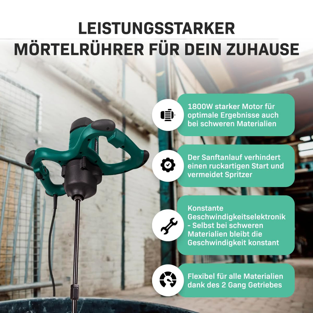 VONROC Mörtelrührer inkl. Rührwerk [1800W] - Betonmischer Quirl [mit Sanftanlauf] für Beton, Zement, Farbe, Mörtel - 2 Geschwindigkeitsmodi