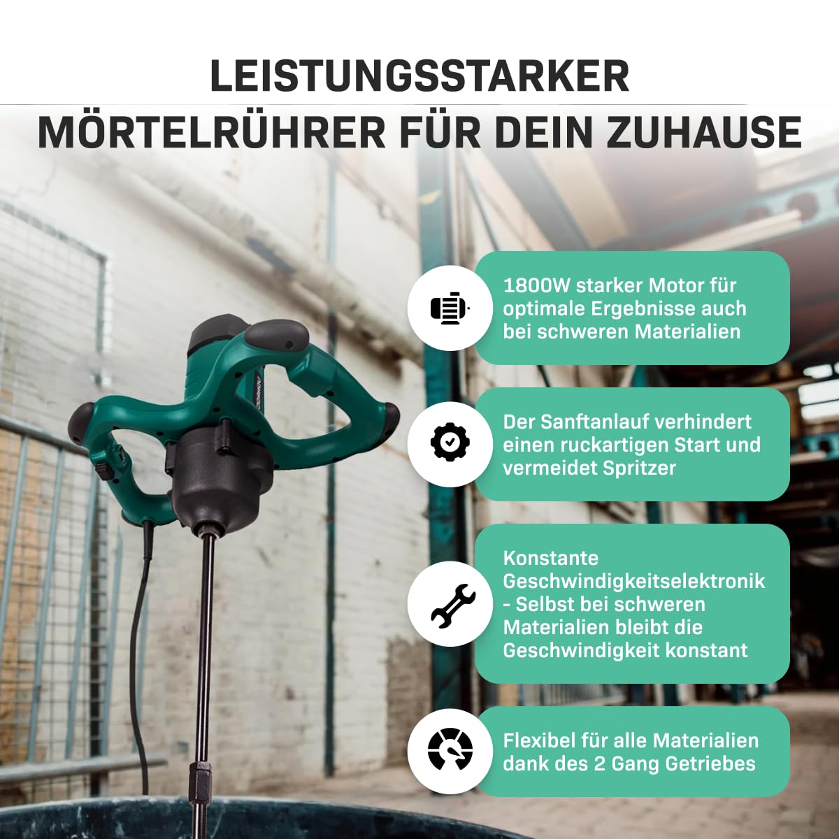 VONROC Mörtelrührer inkl. Rührwerk [1800W] - Betonmischer Quirl [mit Sanftanlauf] für Beton, Zement, Farbe, Mörtel - 2 Geschwindigkeitsmodi