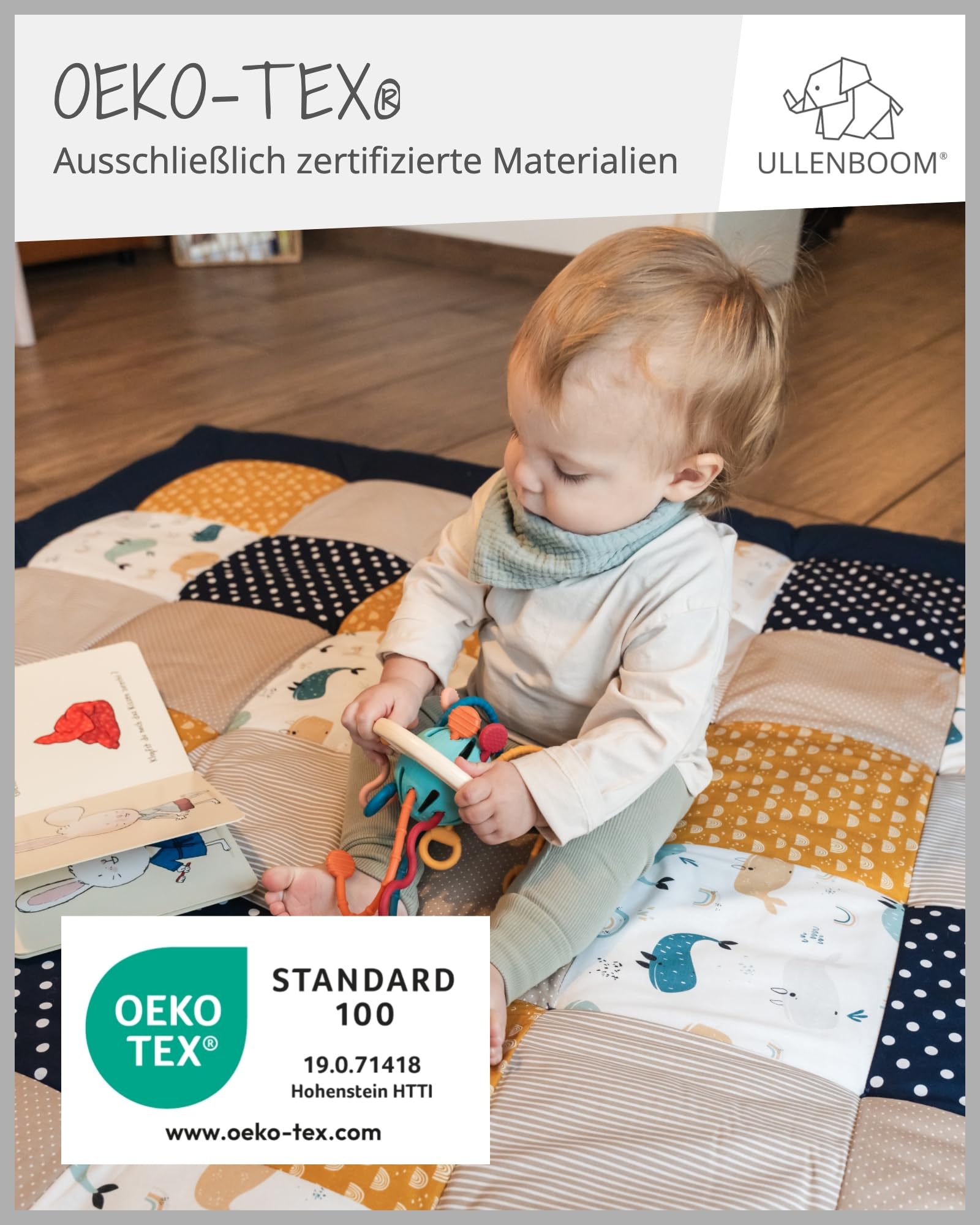 ULLENBOOM Krabbeldecke für Baby 100x100 cm, 100% Oeko-TEX Materialien, Made in EU, Dick & weich gepolstert, Wale - ideal als Babydecke, Laufgittereinlage & Spieldecke Baby