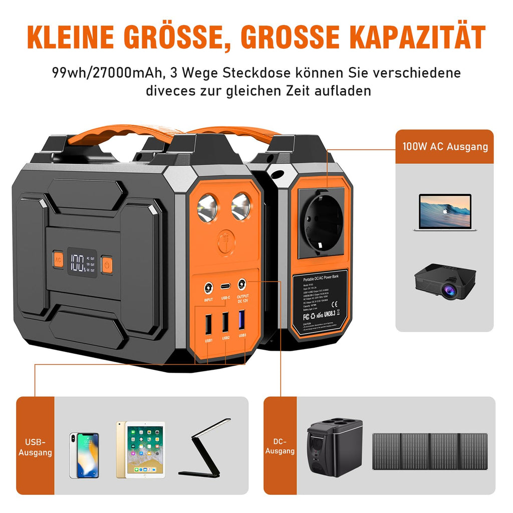Powkey Powerstation mit Solarpanel 99Wh/27000mAh Tragbare Powerstation mit 40W Faltbare Solarpanel 100W Solargenarator mit 230V AC Ausgang/18W USB-A/USB-C für Wohnmobil Camping，schwarz-orange