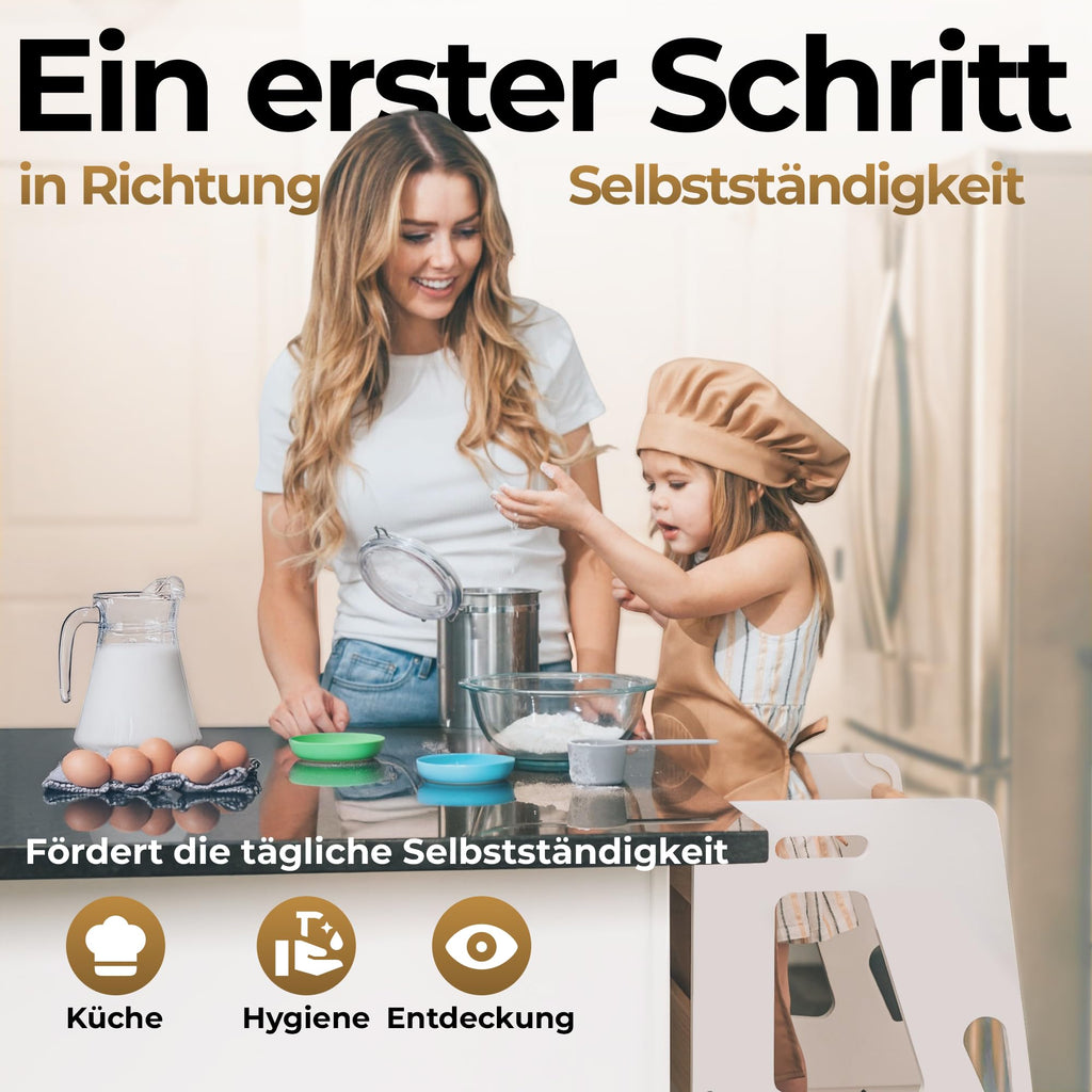 BEY & CO® Lernturm/Entdeckerturm aus Holz – Küchenhelfer für Kinder – 3-Fach höhenverstellbar, mit Rutschfester Oberfläche und kippsicheren Füßen - Montessori-Methode - Ab 12 Monaten (Weiß)