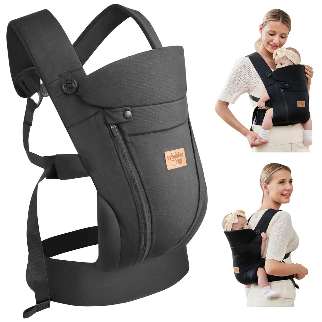 vrbabies Babytrage für Neugeborene ab Geburt,Ergonomische,mit Verstellbarer Gürtel,Baby Bauchtrage Rückentrage,Leicht＆Atmungsaktiv-4-15kg(Schwarz - mit Gürtel)
