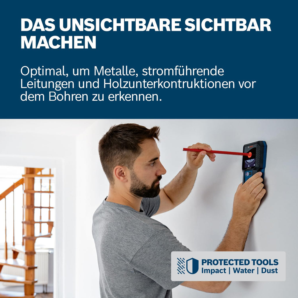 Bosch Professional Ortungsgerät GMS 120-27 (2xAA Batterien, max. Detektionstiefe Nicht-magnetisches Metall/magnetisches Metall/Spannungsführende Leitungen/Holz: 120/100/50/30 mm, Schutztasche)