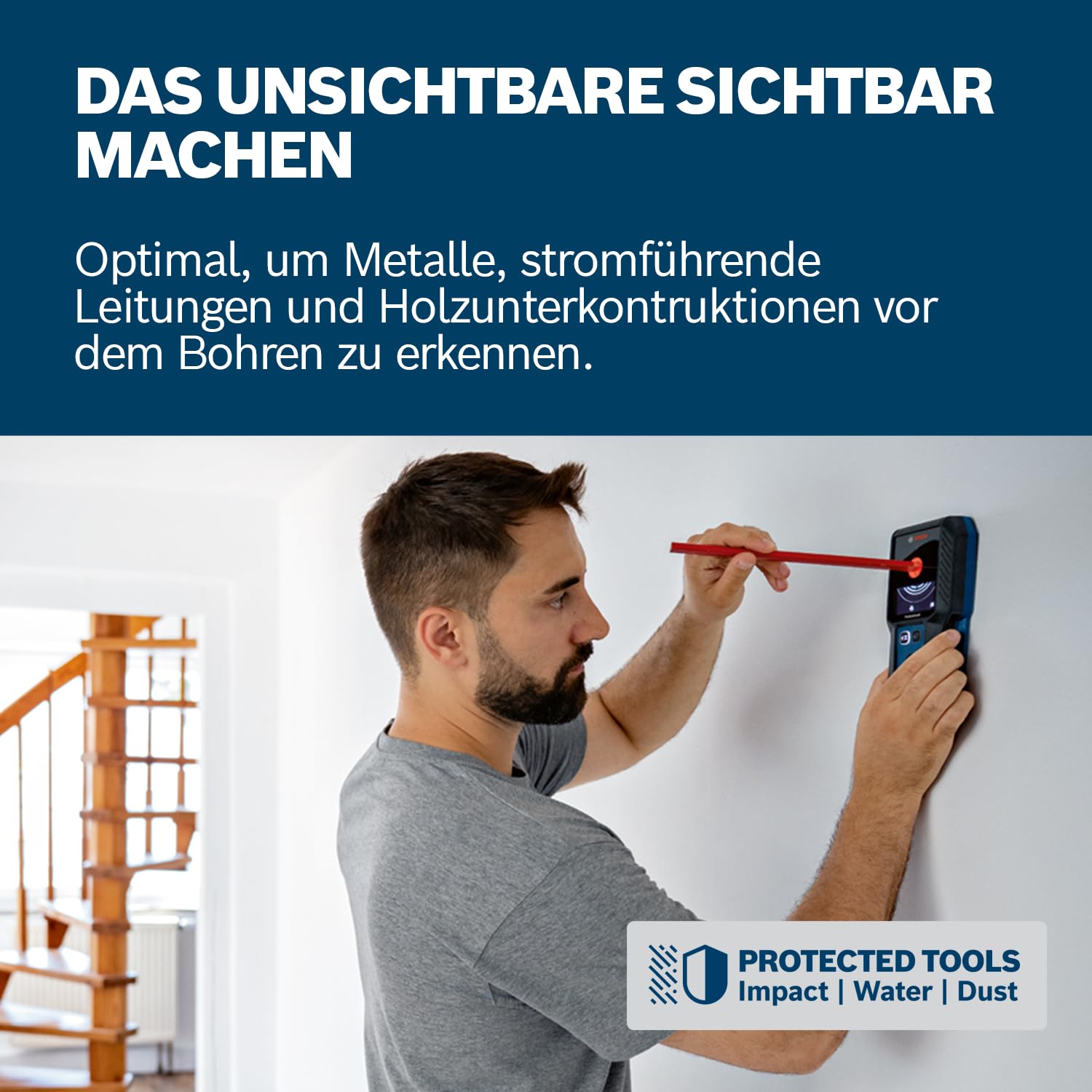 Bosch Professional Ortungsgerät GMS 120-27 (2xAA Batterien, max. Detektionstiefe Nicht-magnetisches Metall/magnetisches Metall/Spannungsführende Leitungen/Holz: 120/100/50/30 mm, Schutztasche)