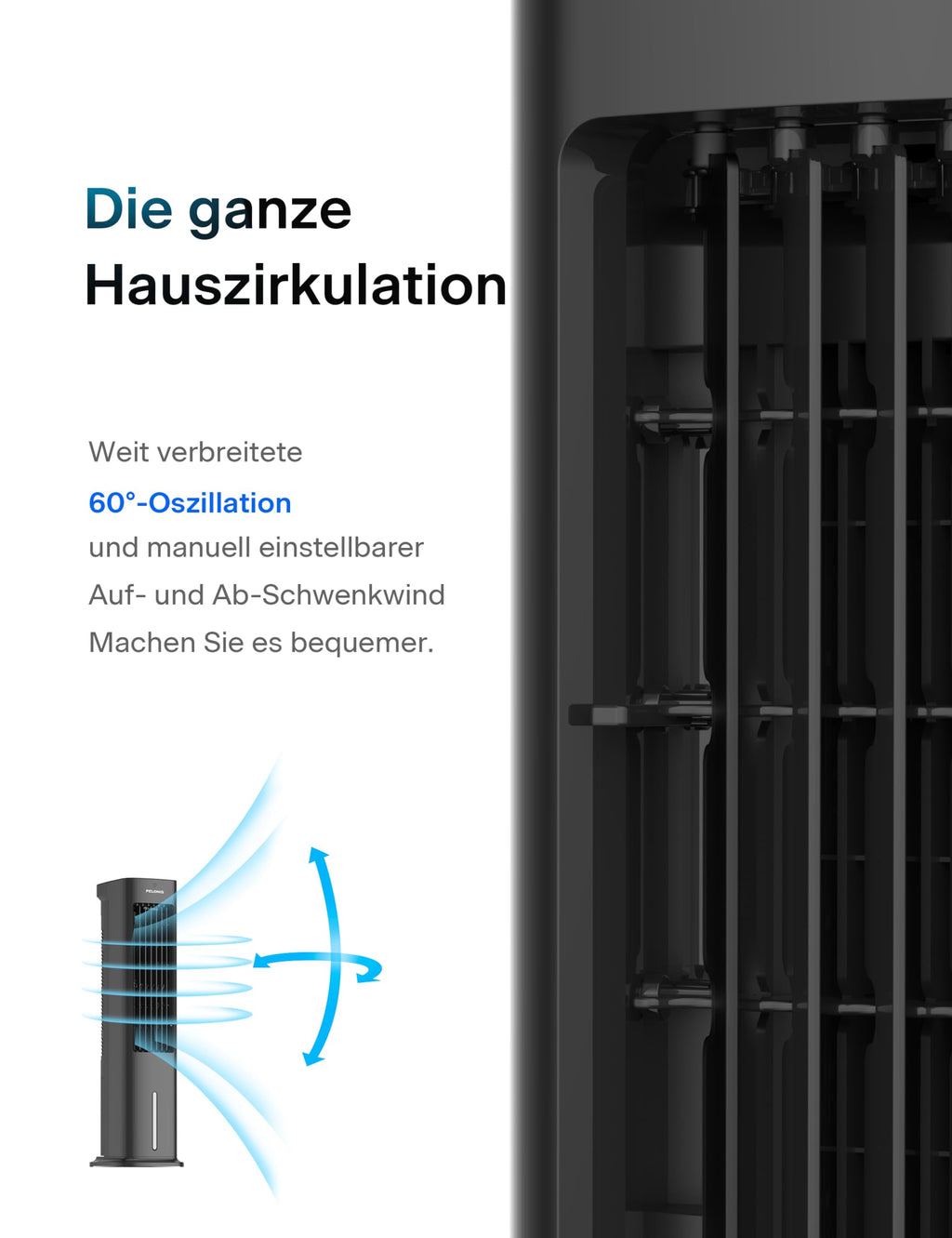 PELONIS 5L Verdunstungskühler mit Fernbedienung, 3-in-1 Tragbarer Luftkühler, Ventilator, Luftbefeuchter & Automatische Oszillation, 3 Stufen Timer 7H, 2 Kühlpads für Zuhause und Büro