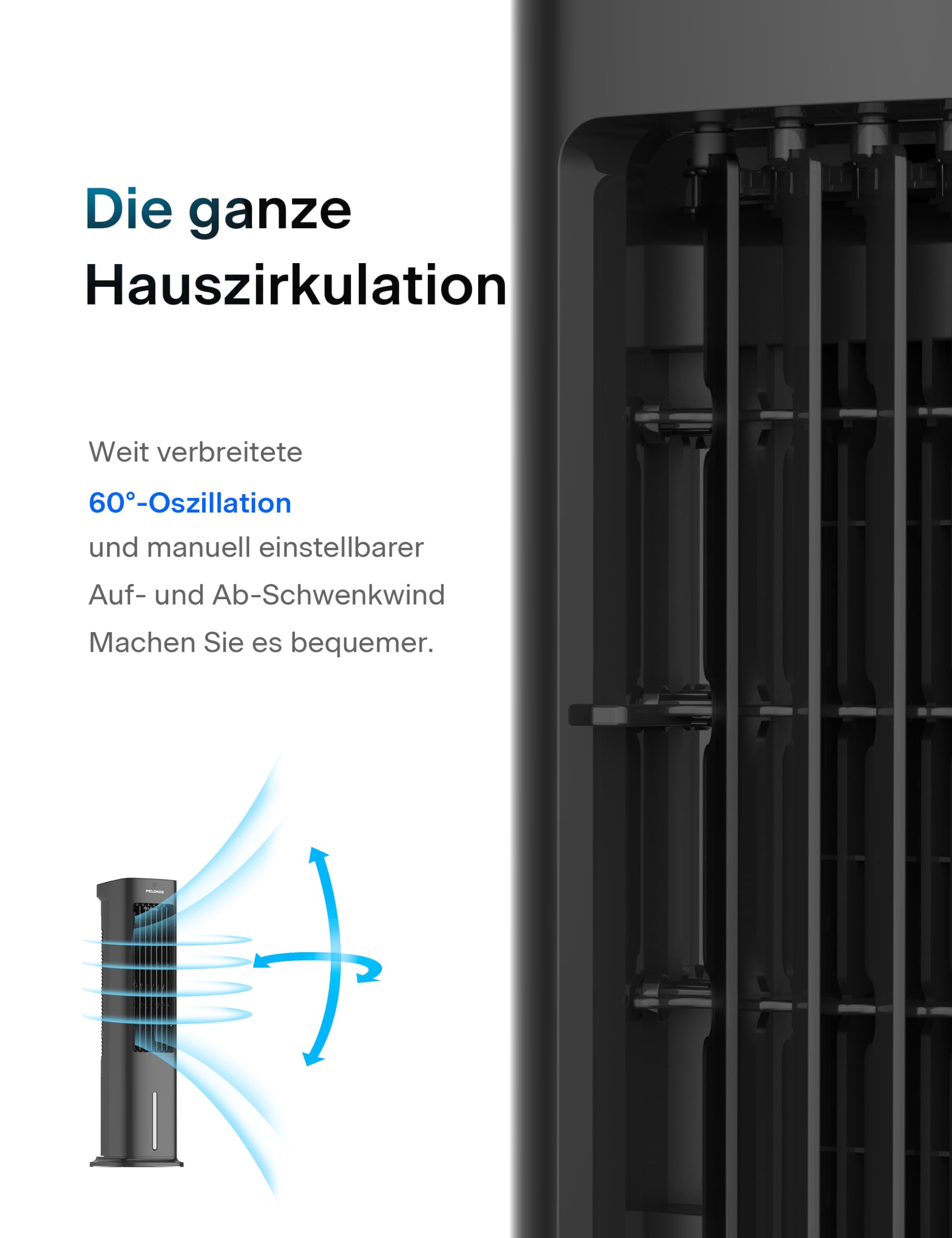 PELONIS 5L Verdunstungskühler mit Fernbedienung, 3-in-1 Tragbarer Luftkühler, Ventilator, Luftbefeuchter & Automatische Oszillation, 3 Stufen Timer 7H, 2 Kühlpads für Zuhause und Büro