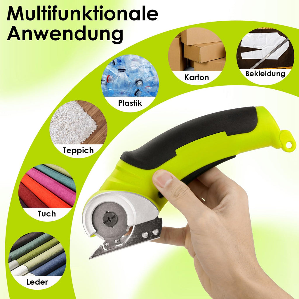 Elektrische Schere Mit Werkzeugkasten, Kartonschneider, Kabellose Rollschneider, 4.2V/2.0Ah Akku Schere, Universalschneider, Wiederaufladbarer Leistungsstarker Akkuschere für Stoff Teppich Leder Filz