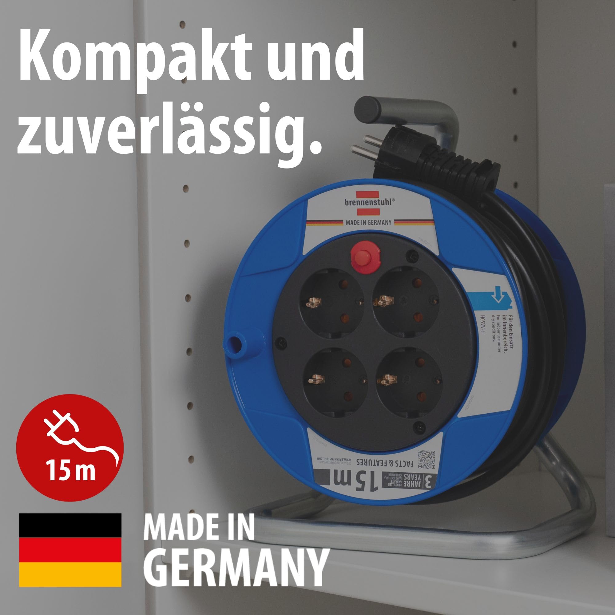 Brennenstuhl Garant Kompakt Kabeltrommel/Kabelrolle mit 4 Steckdosen (15m Kabel in schwarz, aus Spezialkunststoff, Made in Germany)