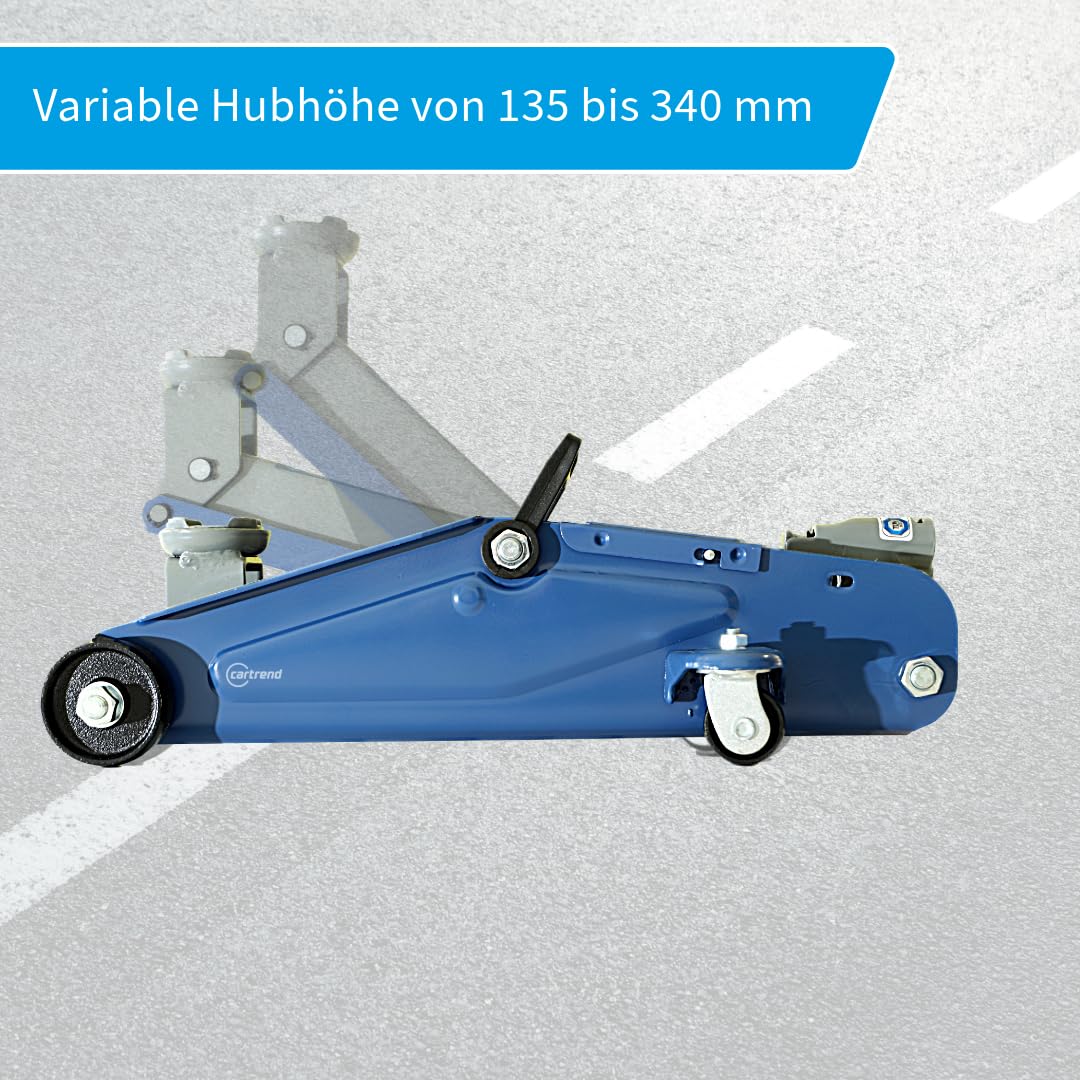 cartrend Hydraulischer Rangierwagenheber, Tragkraft bis 2t, 135-342 mm, Rangierheber für Auto und Kleintransporter, Wagenheber für Haus und Werkstatt, gefertigt aus Qualitätsstahl