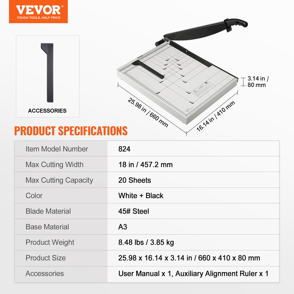 VEVOR Papierschneider Hebelschneider, 457,2 mm Max. Schnittbreite Manuelle Papierschneidemaschine, 20 Blätter Kapazität, mit Schutzschiene/Klingenarretierung für Karton/Pappe, Papierschneider