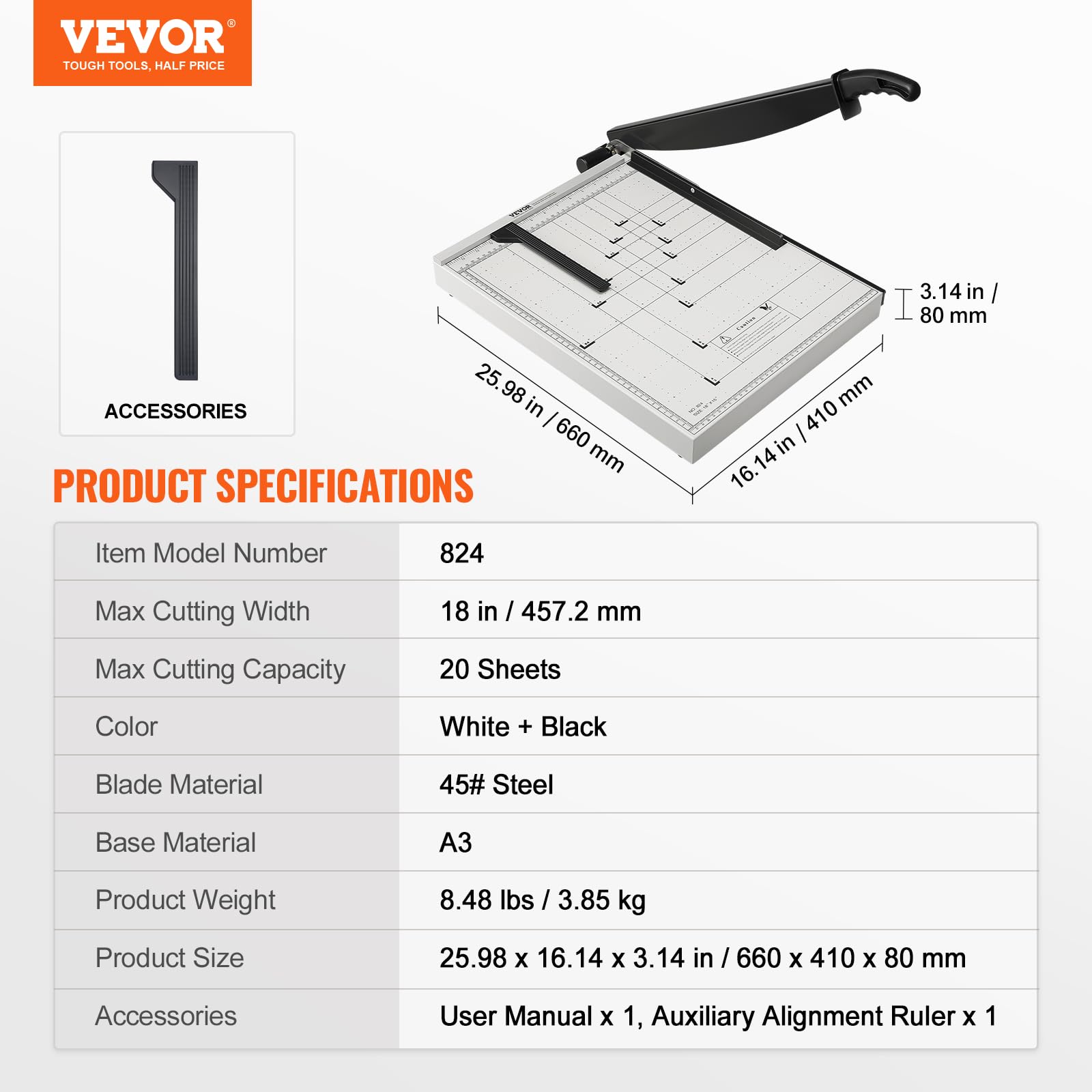 VEVOR Papierschneider Hebelschneider, 457,2 mm Max. Schnittbreite Manuelle Papierschneidemaschine, 20 Blätter Kapazität, mit Schutzschiene/Klingenarretierung für Karton/Pappe, Papierschneider