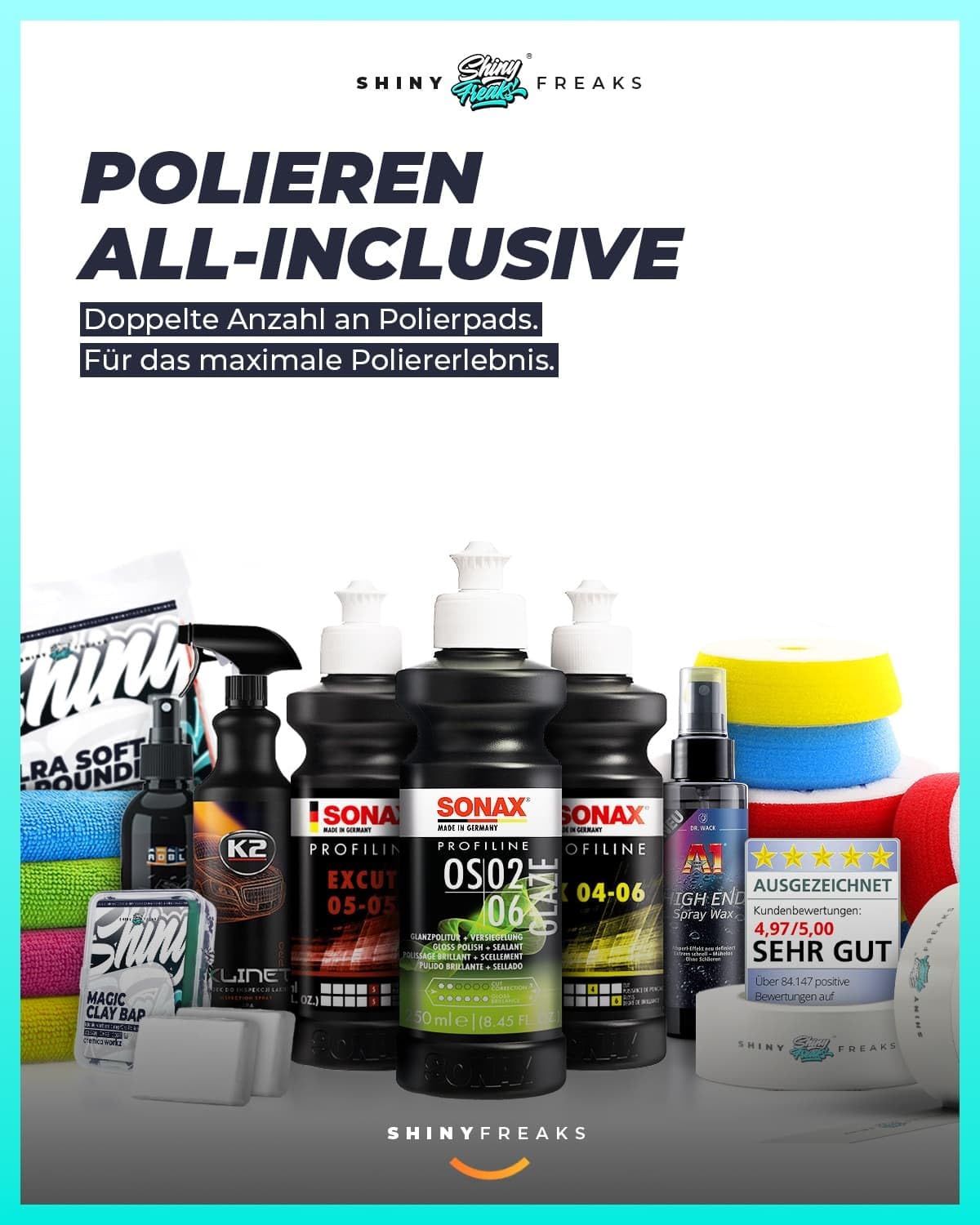 Poliermaschinen Set: chemicalworkz DA9 Pro Exzenter Poliermaschine + Sonax Politur Set + Royal Pads Premium Polierpads + Dr. Wack Versiegelung für Lack + Zubehör | 20-teilig
