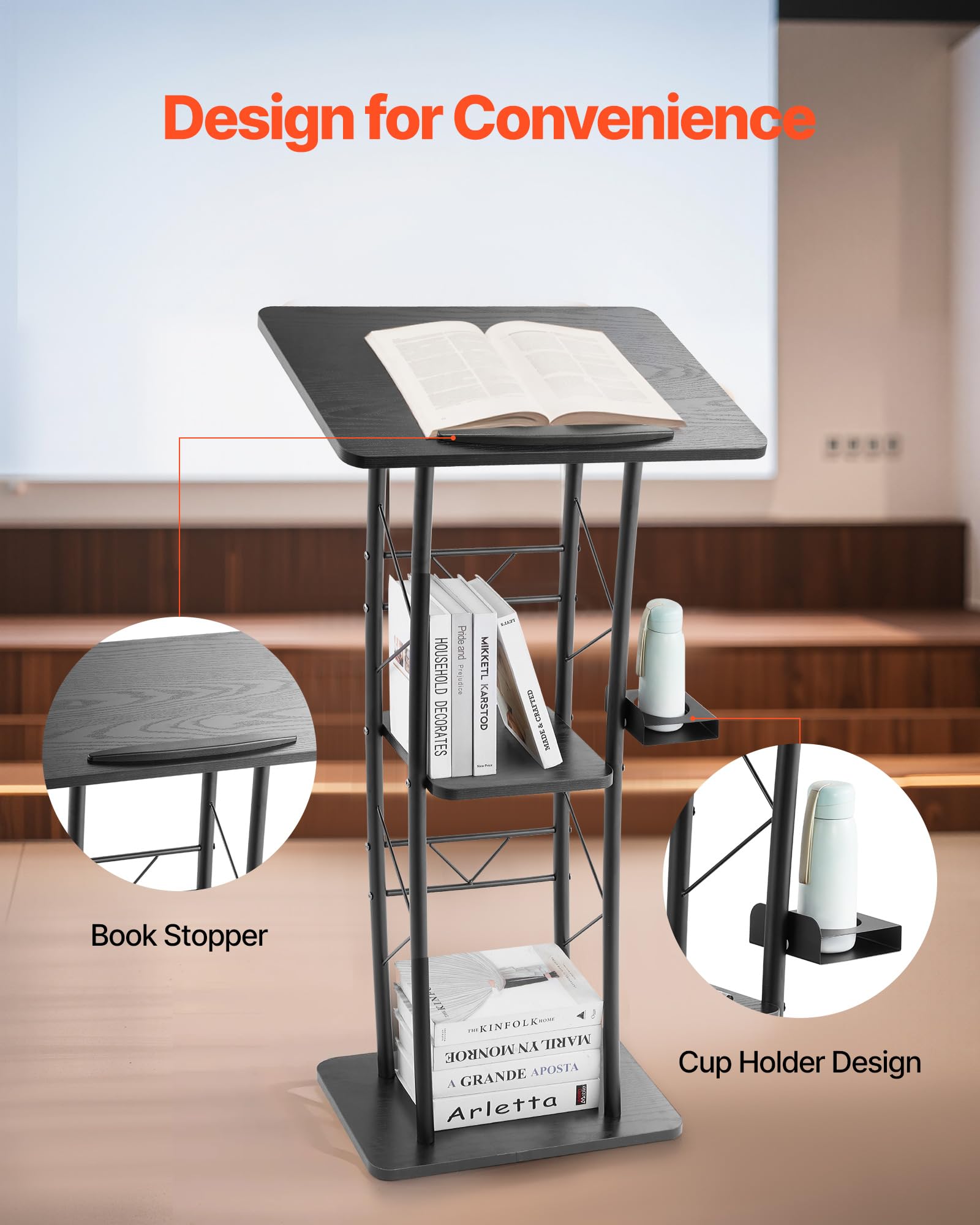VEVOR Rednerpultständer Metall-Rednerpult (118 cm Höhe), gebogenes Stehpult mit breiter Lesefläche & offenem Ablagefach & Getränkehalter, für Klassenzimmer Hochzeiten Konferenzen Reden