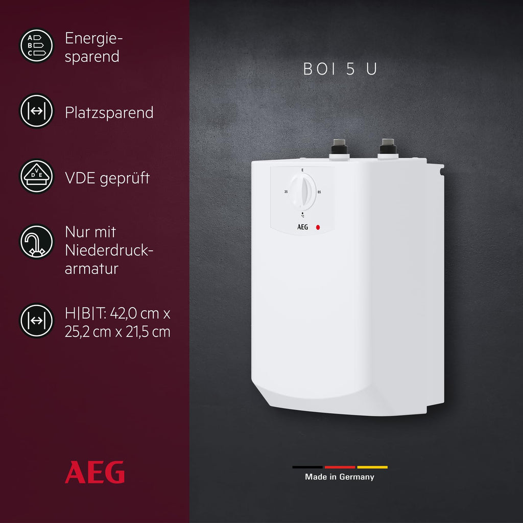 AEG Boiler BOI 5 U, Untertischboiler 5 Liter Niederdruck mit Stecker 230V für Küchenspüle + Wachbecken, 2 kW, Made in Germany, 204616