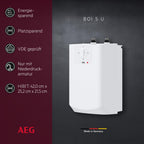 AEG Boiler BOI 5 U, Untertischboiler 5 Liter Niederdruck mit Stecker 230V für Küchenspüle + Wachbecken, 2 kW, Made in Germany, 204616