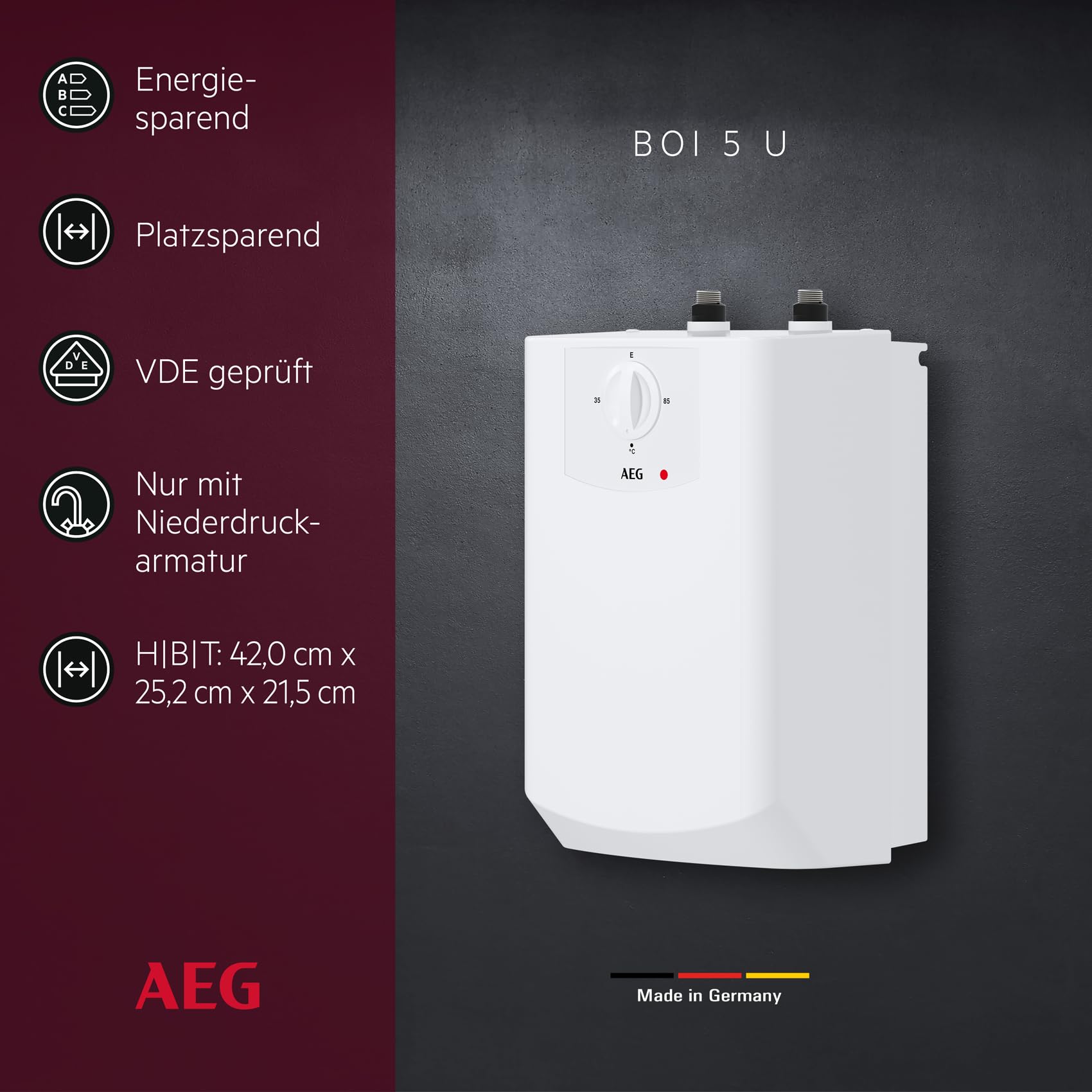 AEG Boiler BOI 5 U, Untertischboiler 5 Liter Niederdruck mit Stecker 230V für Küchenspüle + Wachbecken, 2 kW, Made in Germany, 204616