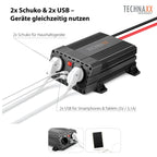 Technaxx KFZ Wechselrichter 12V auf 230V - TÜV Rheinland zertifiziert Auto Inverter mit 2x Schuko-Stecker und 2x USB-Port - Power 600W / 1200W (Spitze) – Spannungswandler TE19
