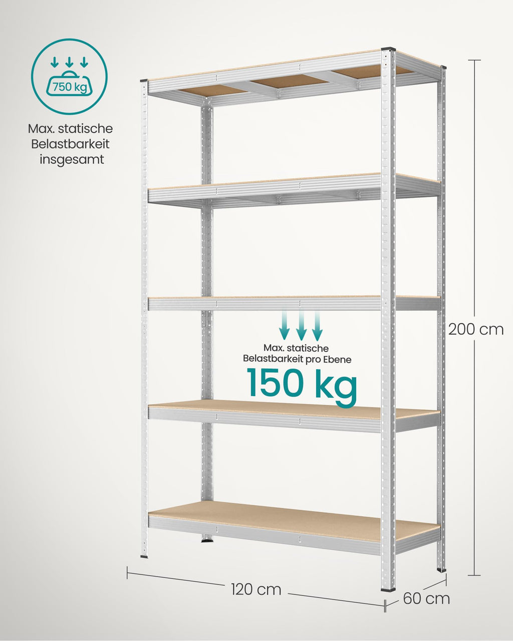 SONGMICS 2 Stück 5 Ebenen Lagerregal Bolzenlose Montage 750 kg Tragkraft 60 x 120 x 200 cm Silber GLR060E02