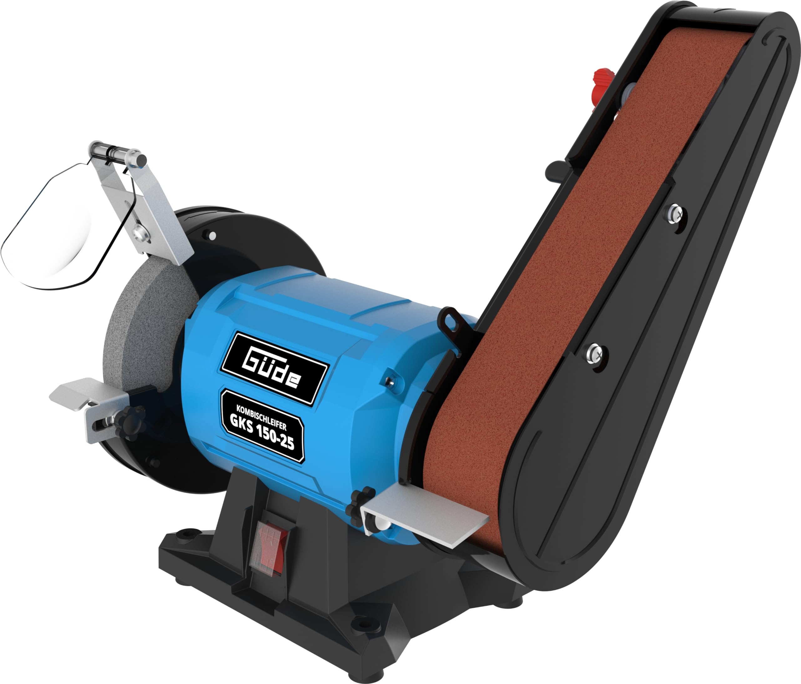 Güde Kombischleifer GKS 150-25 (250 W, 2980 1/min, Kondensatormotor, stabiler Maschinenfuß, Funkenschutzeinrichtung einstellbar, Feinschleifscheibe ø 150 mm 36 K, Schleifband 50x686 mm 80 K)