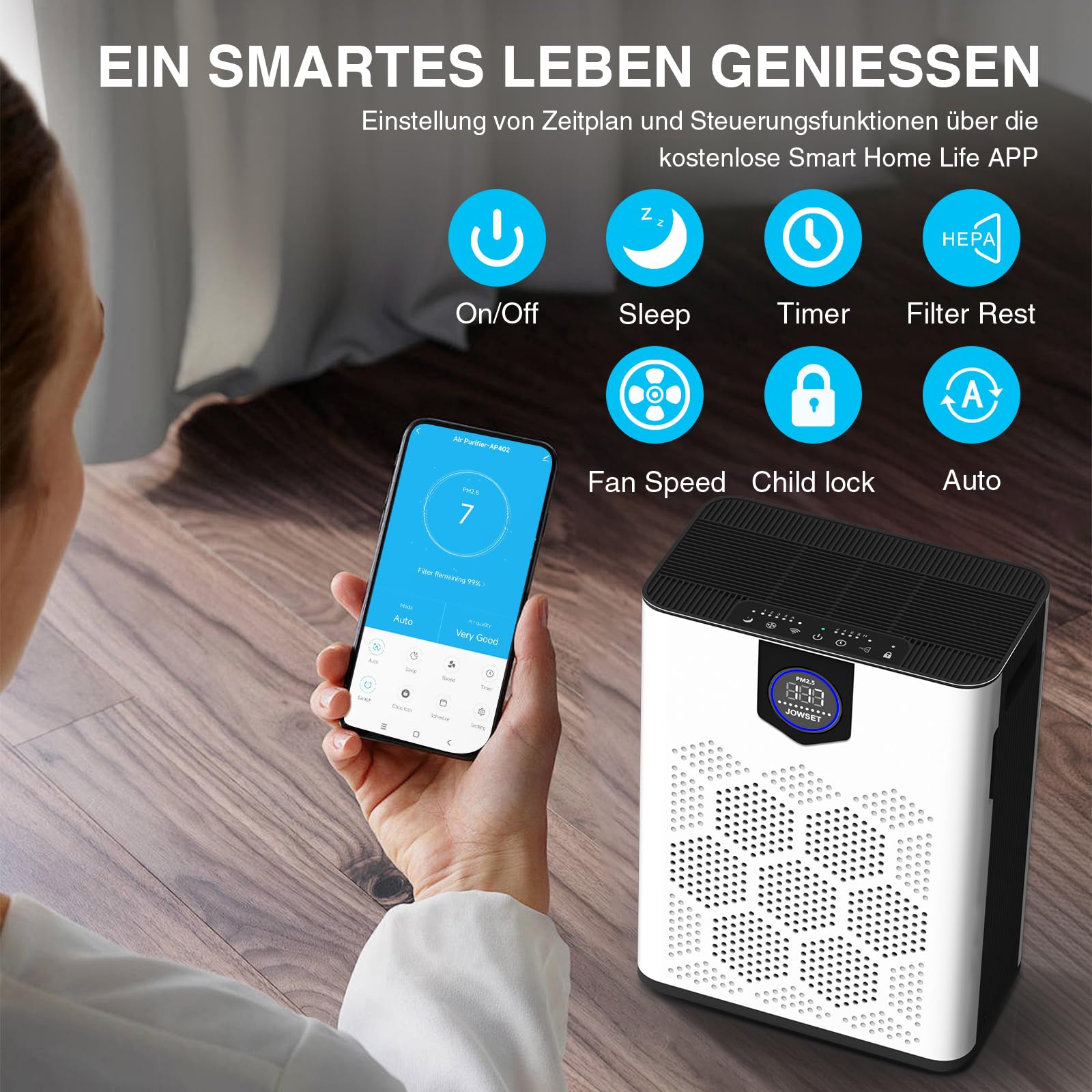 Luftreiniger für Allergiker, Wohnung und Raucherzimmer, mit 2 × HEPA 14-Filtern gegen Tierhaare, Schimmel, Staub, Pollen & Gerüche, CADR 350 m³/h für 120 ㎡, App-Steuerung, Timer, leise 22 dB