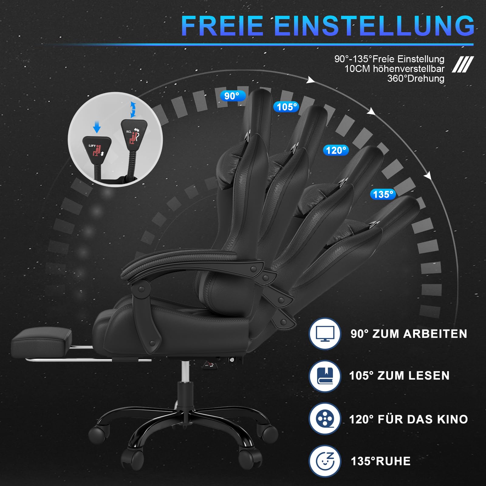 JUMMICO Gaming Stuhl Massage, Bürostuhl Ergonomisch Mit Massage-Lendenkissen, Gamer Stuhl verstellbare Rückenlehne 90-135°,und fußstütze, Gamingstuhl 150 kg belastbarkeit, Schwarz