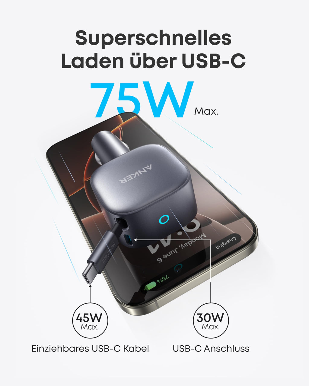 Anker USB-C Kfz-Ladegerät, 75W Max. Ultra-kompaktes Typ-C Kfz-Schnellladegerät, Integriertes einziehbares Kabel, Autonetzteil für iPhone 17/16/15 Serie, MacBook Pro/Air, iPad, Galaxy, AirPods