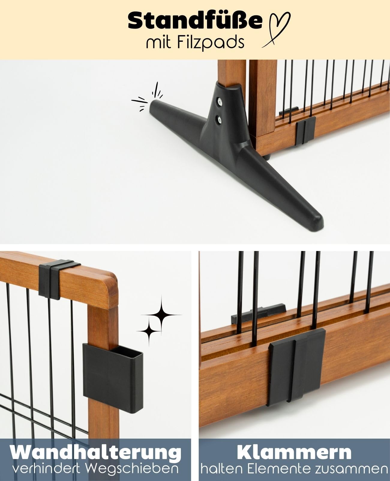 lionto Hundeschutzgitter längenverstellbar, Welpenschutzgitter aus attraktivem Pinienholz sorgt für Sicherheit, Höhe 50 cm, Robustes Absperrgitter für Treppen/Türen, einfacher Aufbau, braun/schwarz