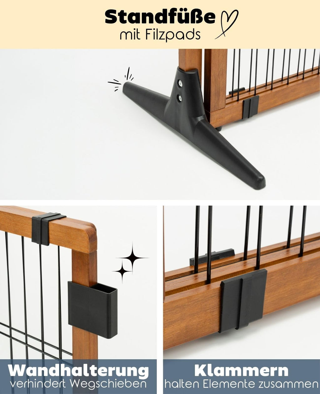 lionto Hundeschutzgitter längenverstellbar, Welpenschutzgitter aus attraktivem Pinienholz sorgt für Sicherheit, Höhe 70 cm, Robustes Absperrgitter für Treppen/Türen, einfacher Aufbau, braun/schwarz