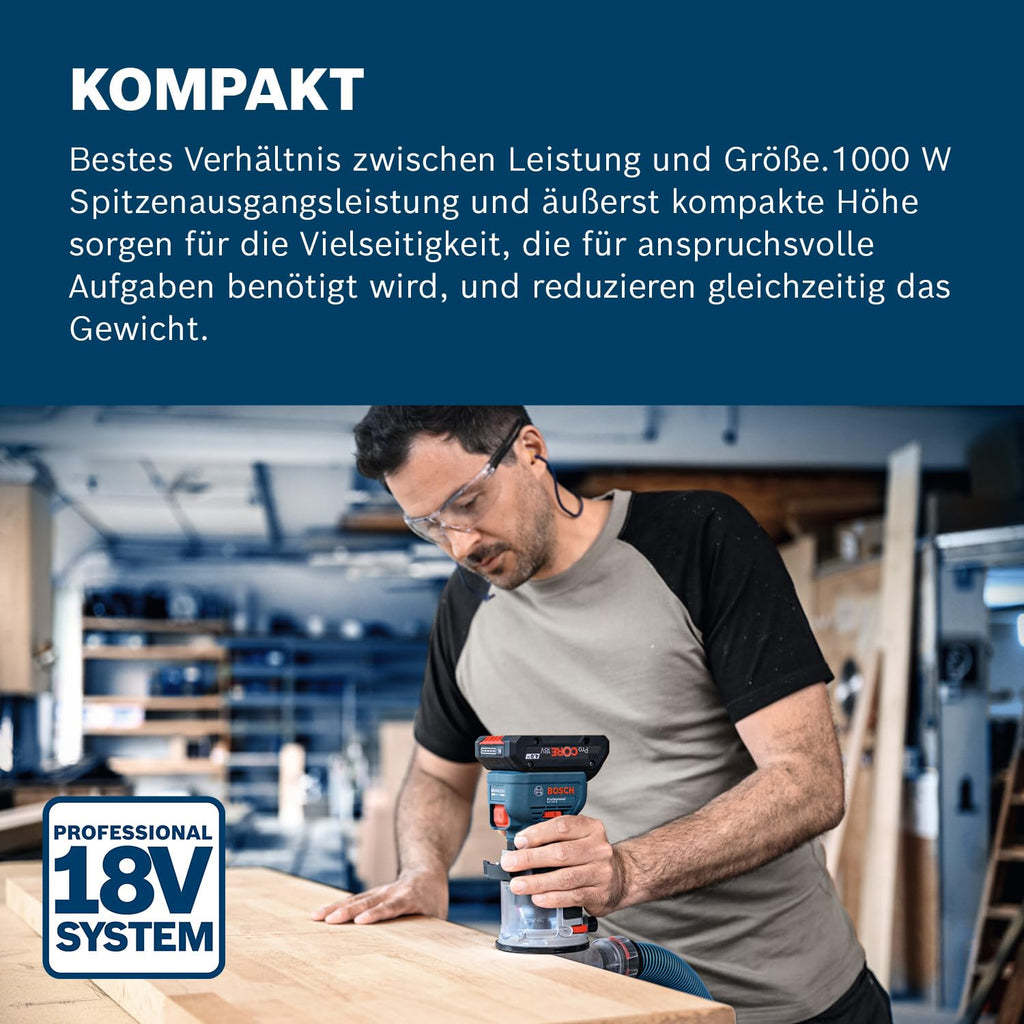 Bosch Professional 18V System Akku-Kantenfräse GKF 18V-8 (inkl. Parallelanschlag, 2x Saugadapter zum Fräsen, Spanschutz, 8-mm-Spannzange, Spannschlüssel, ohne Akku/Ladegerät)