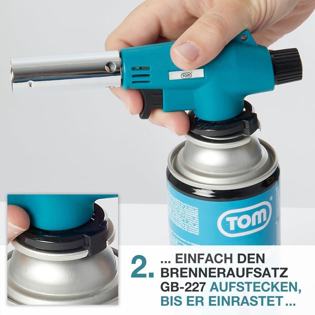 TOM Gasbrenner – Brenneraufsatz - Gaskartuschen mit Bajonettverschluss MSF-1A für Werkstatt, Garten, Küche & Co. – 1300°C – Piezozündung – Lötbrenner – Bunsenbrenner (Gasbrenner mit 4 Gaskartuschen)