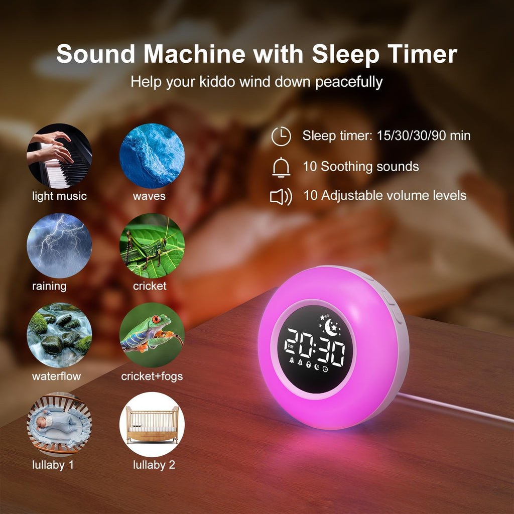 Kinder Wecker Digital, Schlaftrainer mit Nachtlicht, Lichtwecker mit 10 White Noise, Snooze und Timer 15/30/60/90 mins, LED mit Licht Tischuhr ohne Tick, Geschenke für Mädchen Jungen