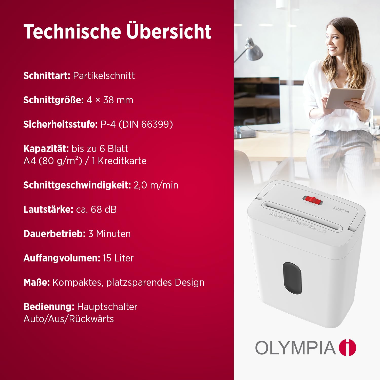 OLYMPIA PS 53 CC Pro Aktenvernichter weiß | Papierschredder für Home Office & Büro | Schredder Aktenvernichter P-4 | Partikelschnitt 4×38 mm | 6-Blatt Shredder Papier | 15 L Papier Schredder Gerät